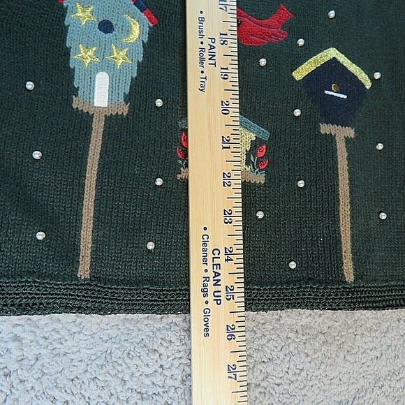 Vtg 90s CJ Banks Sweater Vest Women 1X Knit Bird Houses Green Beads Spring Fall - Picture 9 of 11